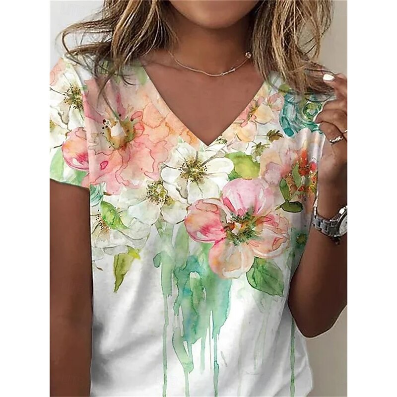 Women's T Shirt Floral Casual Short Sleeve Round Neck Regular Tops Daily Print White Summer2