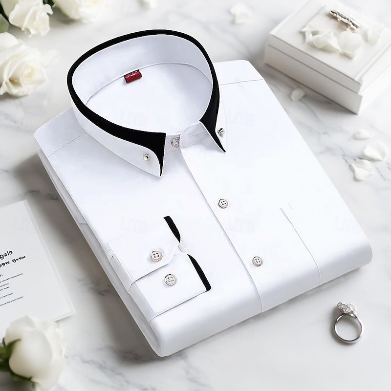 Men's Dress Shirt Button Down Shirt Non Iron Shirt Solid / Plain Color Wedding Light Blue Black White Pink Long Sleeve Turndown All Seasons Clothing Apparel Patchwork