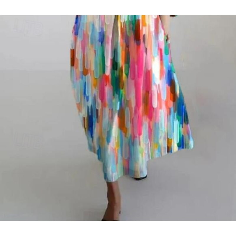 Women's Maxi Dress Casual Dress Casual Vacation Loose Fit Ombre Graphic Geometric 3/4 Length Sleeve Crew Neck Linen Like Colourful Spring Fall Winter3