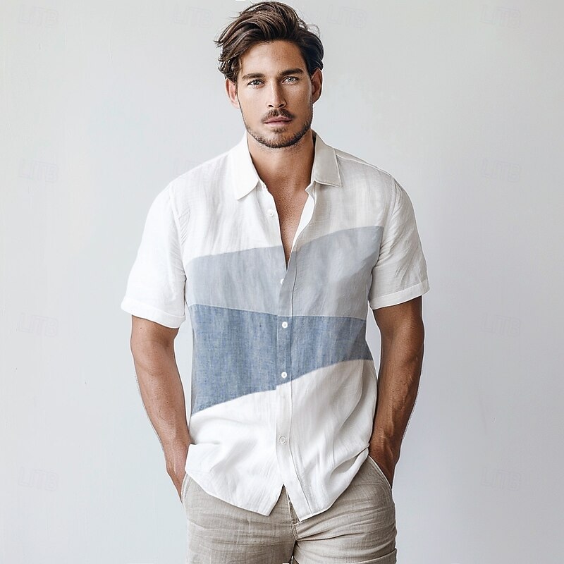 Men's 100% Linen Shirt White Short Sleeve Color Block Shirt Collar School Wedding Patchwork Clothing Apparel Elegant Vacation Vintage Tropical