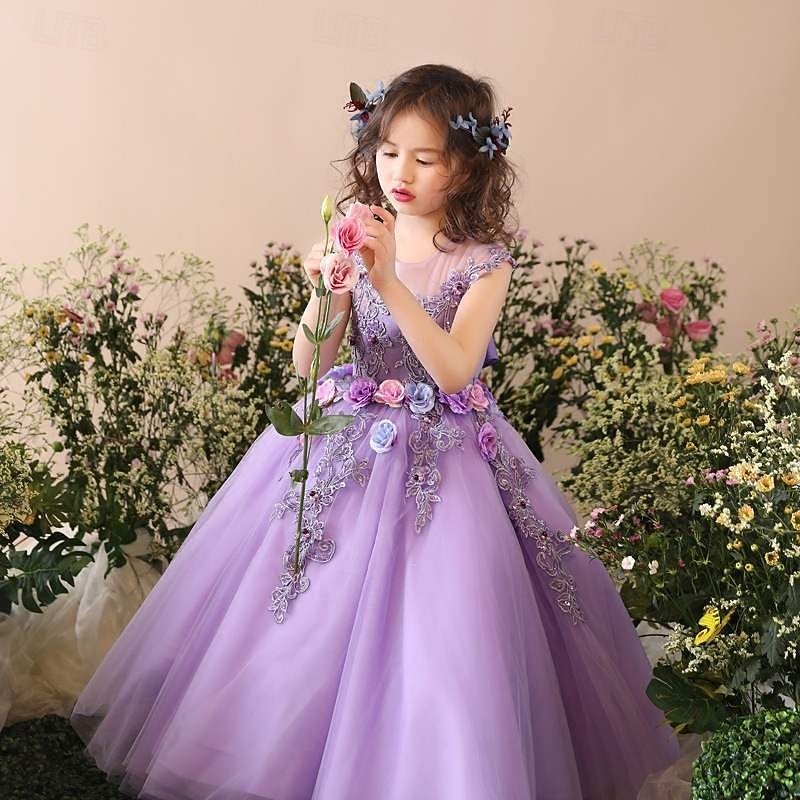 Flower Girl Dress Kid's Girls' Princess Dress Performance Wedding Party Elegant Beautiful Mesh Solid Color Sleeveless Crew Neck Purple 4 years+3