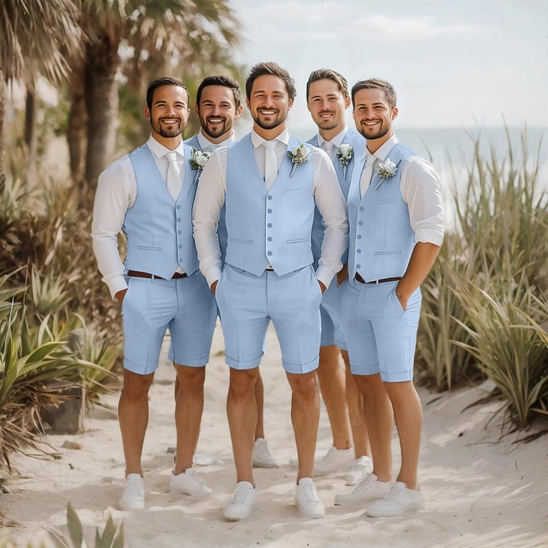 Men's Wedding Linen Suits Sky Blue Fashion Lightweight Solid Colored Tailored Fit 2 Piece2