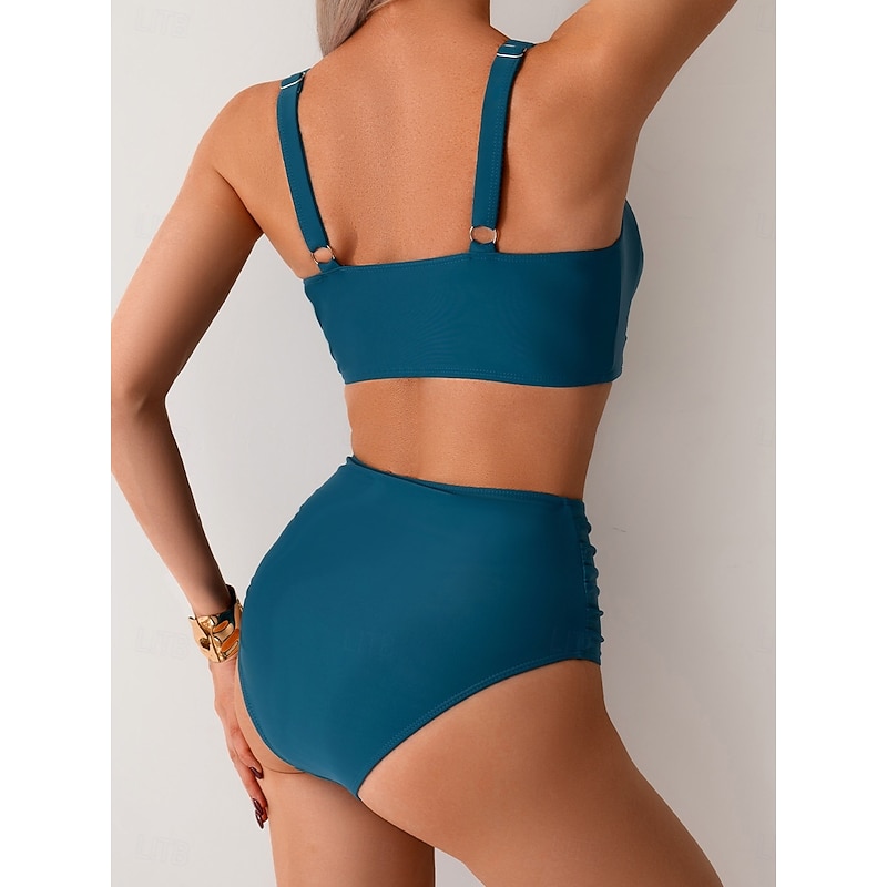 Women's Swimwear Bikini 2 Piece Briefs Swimsuit Backless Slim High Waisted Vacation Beach Wear Solid Color V Neck Sleeveless Bathing Suits3