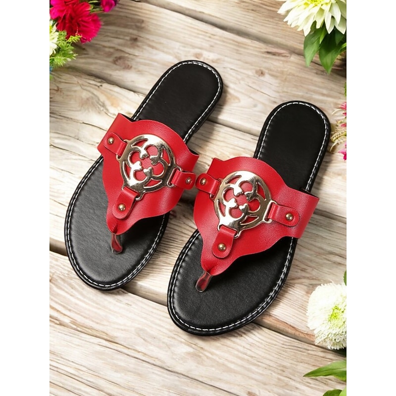 Red Flat Slide Sandals for Women – Stylish Open Toe Design with Metallic Buckle Detail – Comfortable Summer Shoes for Beach, Vacation, and Casual Wear4