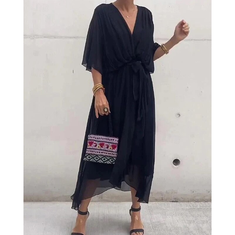 Women's Midi Dress White Dress Casual Dress Cocktail Dress Wedding Guest Dress Elegant Stylish Batwing Sleeve Vacation Daily Date Regular Fit Plain Half Sleeve V Neck Black White Gray Summer Spring3