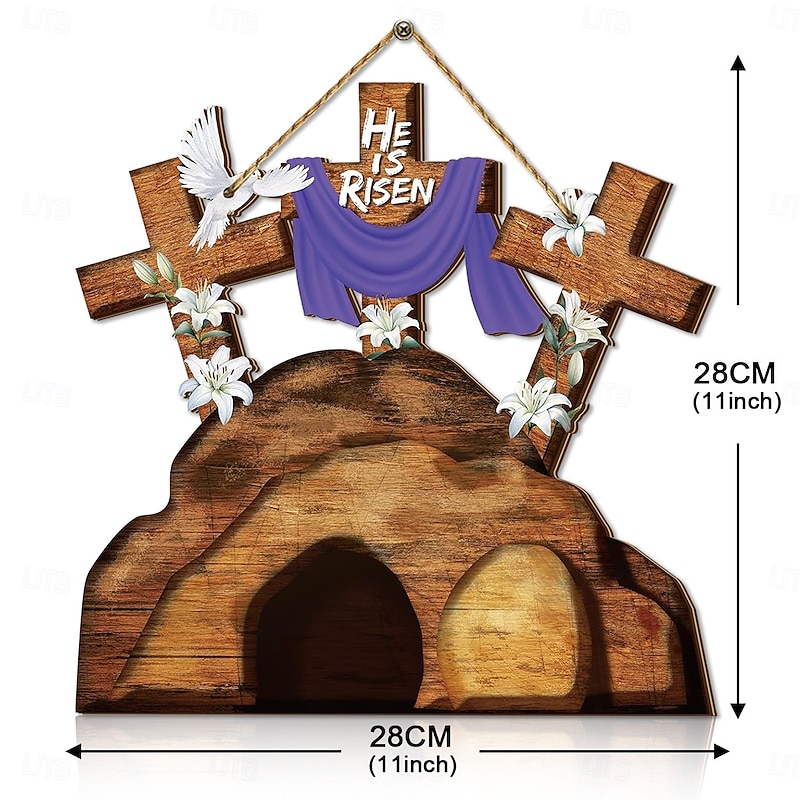 He is Risen Door Sign Hanging Wall Ornament Welcome Art Carving Easter Decoration Wooden Jesus Hanger for Party Window Home2