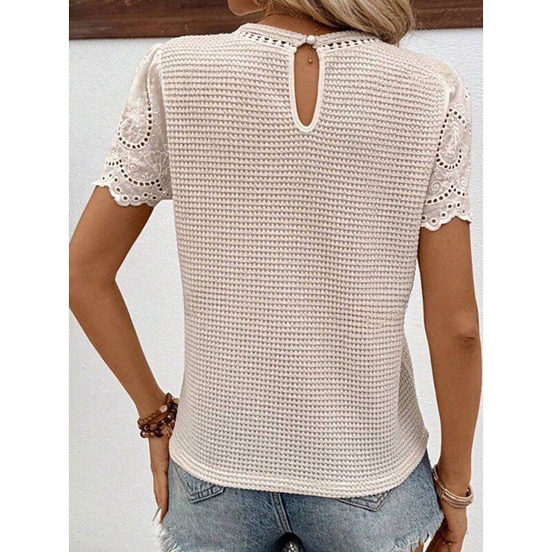Women's T Shirt Plain Fashion Modern Casual Short Sleeve Crew Neck Regular Tops Daily Weekend Patchwork White Summer Spring4
