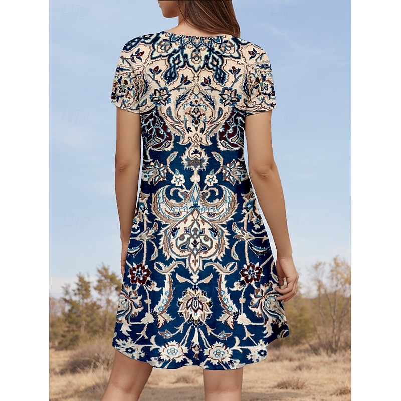 Women's Mini Dress Casual Dress Vintage Casual Daily Regular Fit Geometric Color Block Short Sleeve Crew Neck Wine Blue Green Gray Summer2