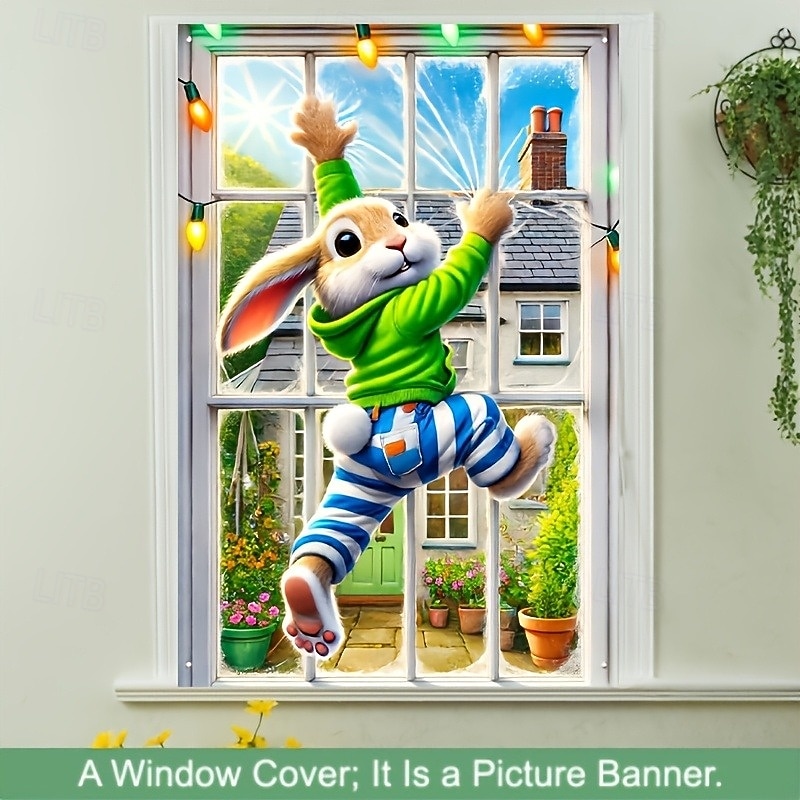 Rabbit Window Cover Decorations, Fabric Curtain Poster Window Door Covering Decor for House, Window Clings Decals Indoor Outdoor