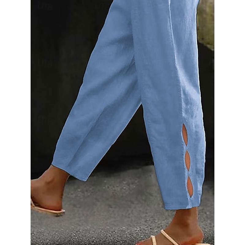 Women's Cotton Linen Pants Chinos Fashion Streetwear Ankle-Length High Waist Plain Pocket Elastic Waistband Comfy Soft Comfortable Micro-elastic Outdoor Street dark brown Deep Green Wine Robin's Egg4