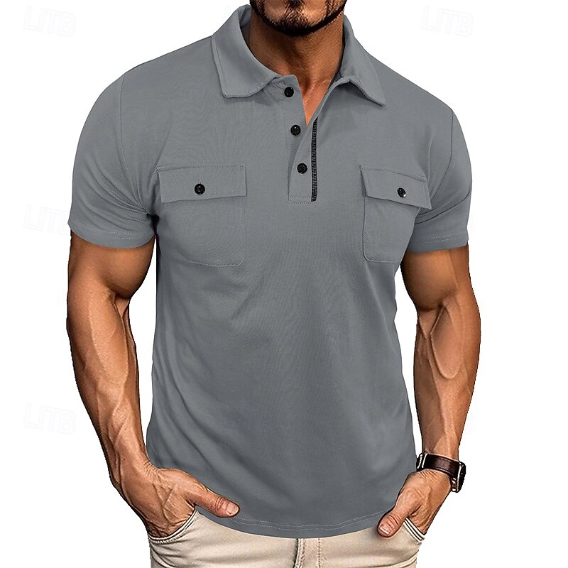 Men's Golf Shirt Golf Polos Shirts Work Casual Lapel Short Sleeve Basic Modern Plain Pocket Buttons Summer Spring Regular Fit Wine Black White Navy Blue Blue Light Grey Golf Shirt