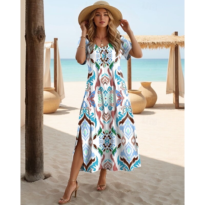 Women's Maxi Dress Black Dress Long Sleeve Boho Dress Elegant Vintage Butterfly Sleeve Vacation Beach Regular Fit Floral Graphic Vintage Short Sleeve Crew Neck Blue Purple Orange Summer3