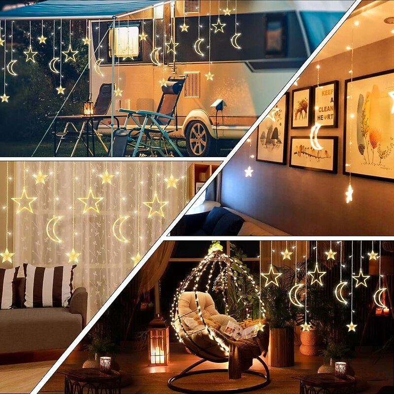Ramadan Festival Light with Remote Control 3.5m 120LEDs Star Moon Curtain Light 8 Modes Wedding Birthday Party Outdoor Waterproof Tent Bedroom Living Room Balcony Garden Decorative Light4