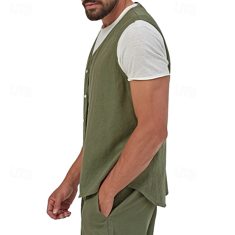 Men's Linen Shirt Tank Top Vest Sleeveless Button Summer Solid Color Plain Fashion Classic Comfortable Street Casual Sports Dark Yellow Black Light Green Top Tee for Men3