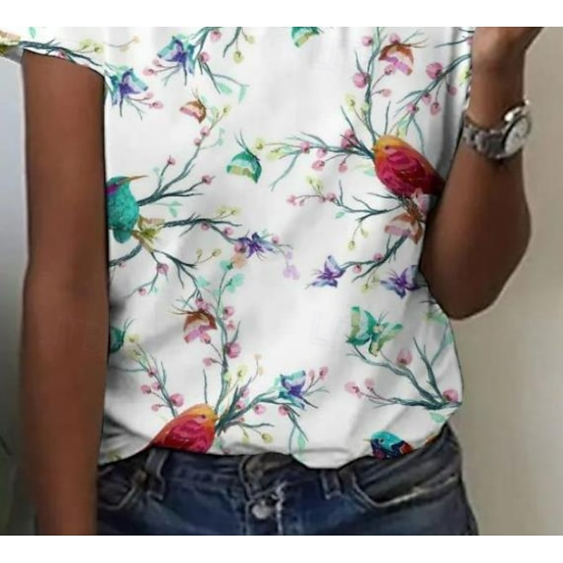 Women's T Shirt Floral Animal Elegant Bohemia Vintage Short Sleeve Round Neck Regular Tops Daily Weekend Print Pearl Summer3