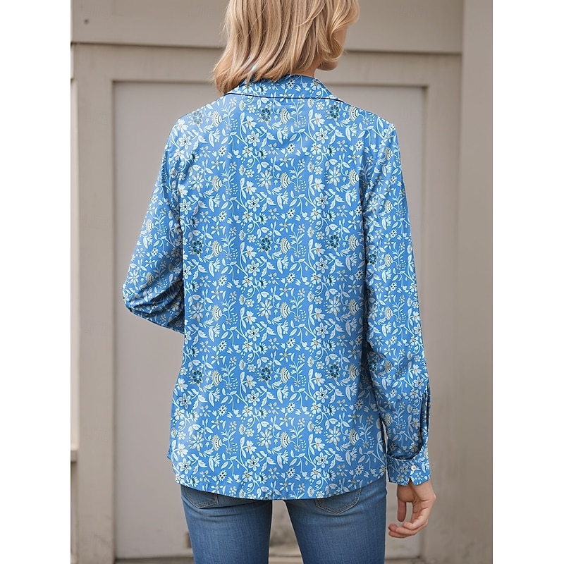 Women's Shirt Button Down Tunic Shirt Collar Long Sleeve Floral Casual Regular Tops Work Daily s Print Blue Spring Fall Winter3