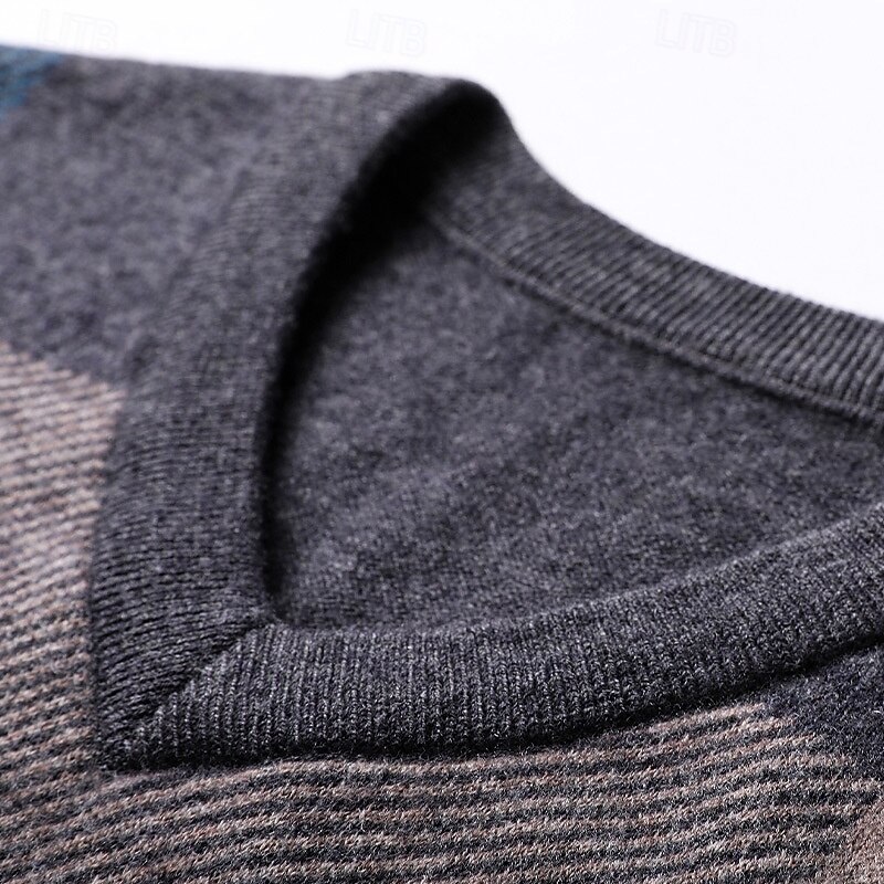 Men's 100% Wool Sweater Vest Knit Check Pattern Plaid V Neck Knitwear Elegant School Formal Clothing Apparel Spring Fall Dark Green Light Grey S M L4