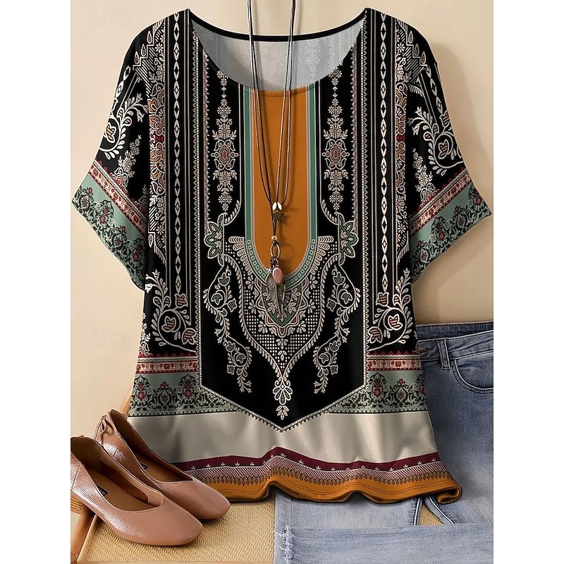 Women's Linen-Inspired Shirts T Shirt Summer Tops Graphic Geometric Vintage Ethnic Casual Short Sleeve Round Neck Regular Tops Daily Going out Weekend Patchwork Print Black Summer Spring