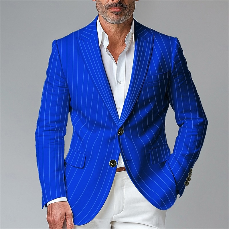 Men's Blazer Business Cocktail Party Wedding Party Fashion Casual Spring &  Fall Polyester Stripes Pocket Buttons Comfortable Single Breasted Blazer Black White Yellow Blue2