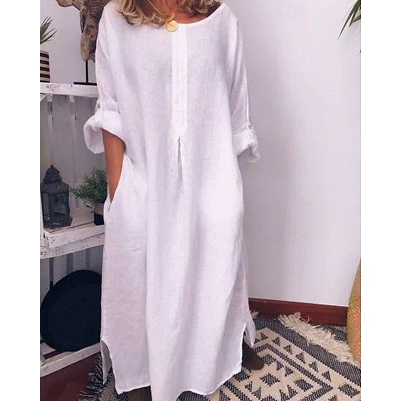 Women's Long Dress Maxi Dress Linen-Inspired Dresses Casual Dress Cotton Linen Dress Stylish Casual Vacation Daily Date Regular Fit Plain Long Sleeve Crew Neck White Yellow Blue Summer Spring4