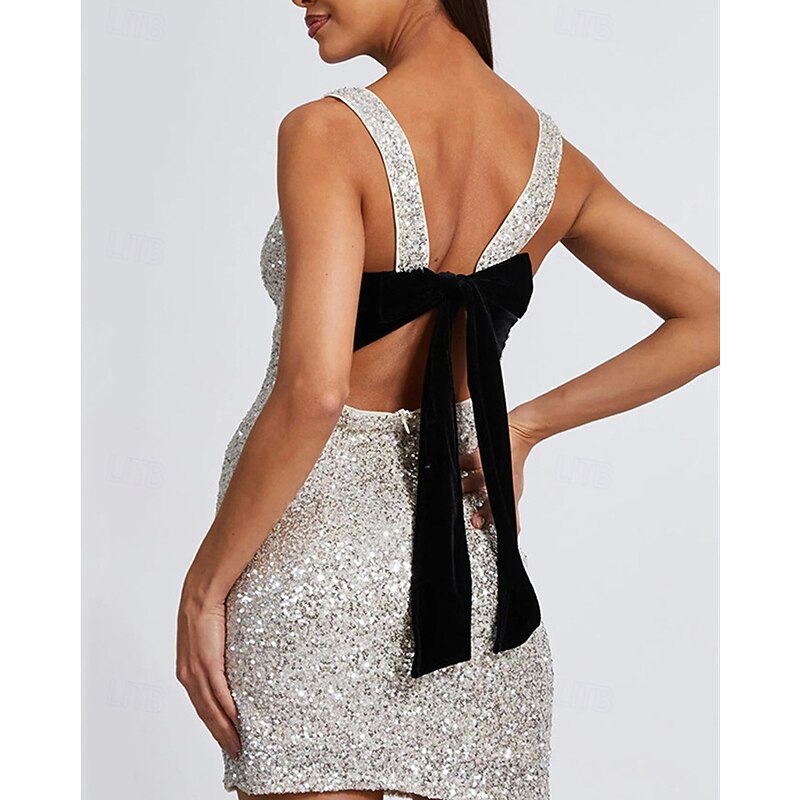 Women's Mini Dress Sequin Dress Prom Dress Casual Dress Summer Dress Elegant Fashion Outdoor Party Holiday Regular Fit Plain Sleeveless Crew Neck Silver Summer Spring4