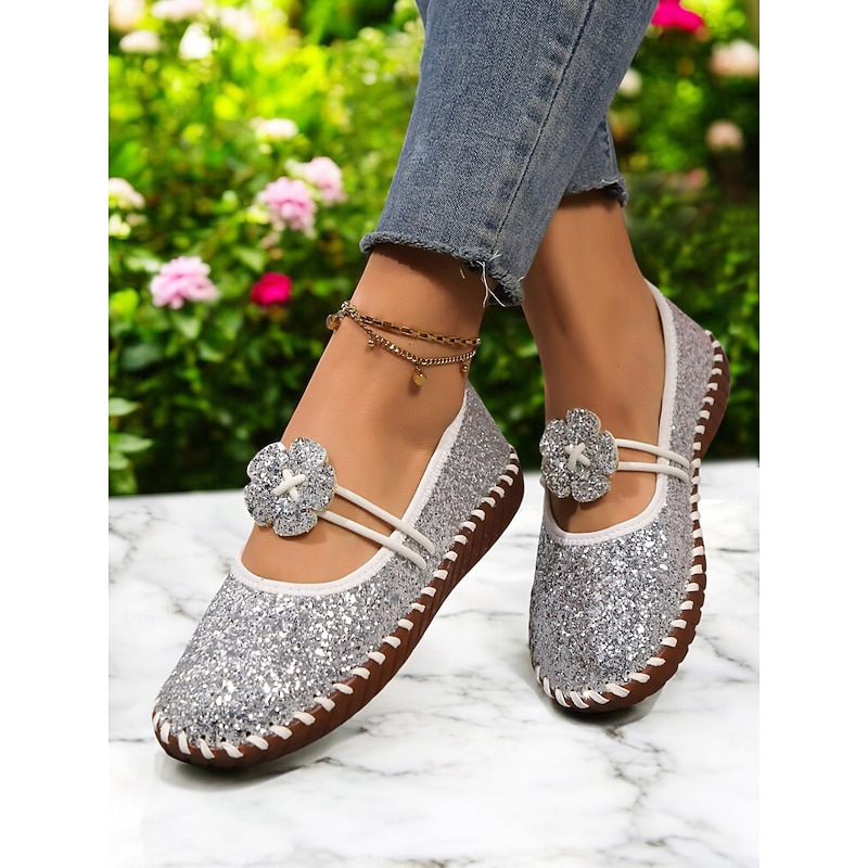 Women's Glitter Flats – Sparkly Mary Jane Loafers with Flower Decoration, Comfortable Walking Shoes for Party & Casual Wear3