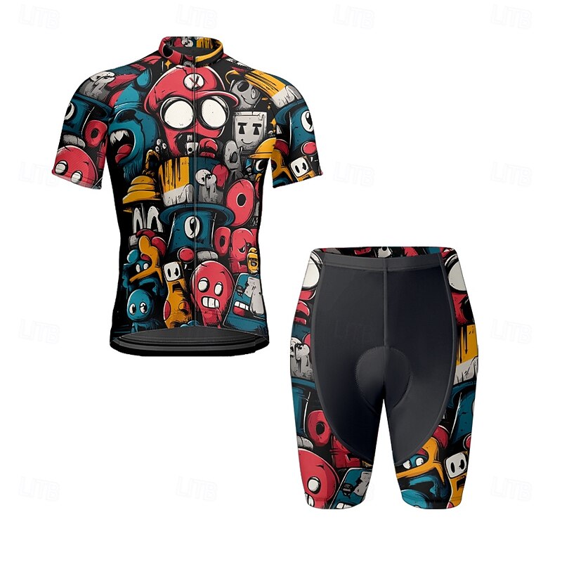 Men's Cycling Jersey with Shorts Cartoon Short Sleeve Bike Clothing Suit with 3 Rear Pockets Mountain Bike MTB Road Bike Cycling Front Zipper Sweat wicking Comfortable Breathable Sports Black Yellow