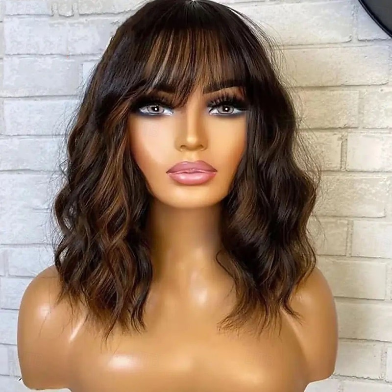 Remy Human Hair 5x5 Closure 13x4 Lace Front Wig With Bangs Brazilian Hair Natural Wave Brown Multi-color Wig 130% 150% Density with Baby Hair Highlighted / Balayage Hair Glueless For Women Long Human2