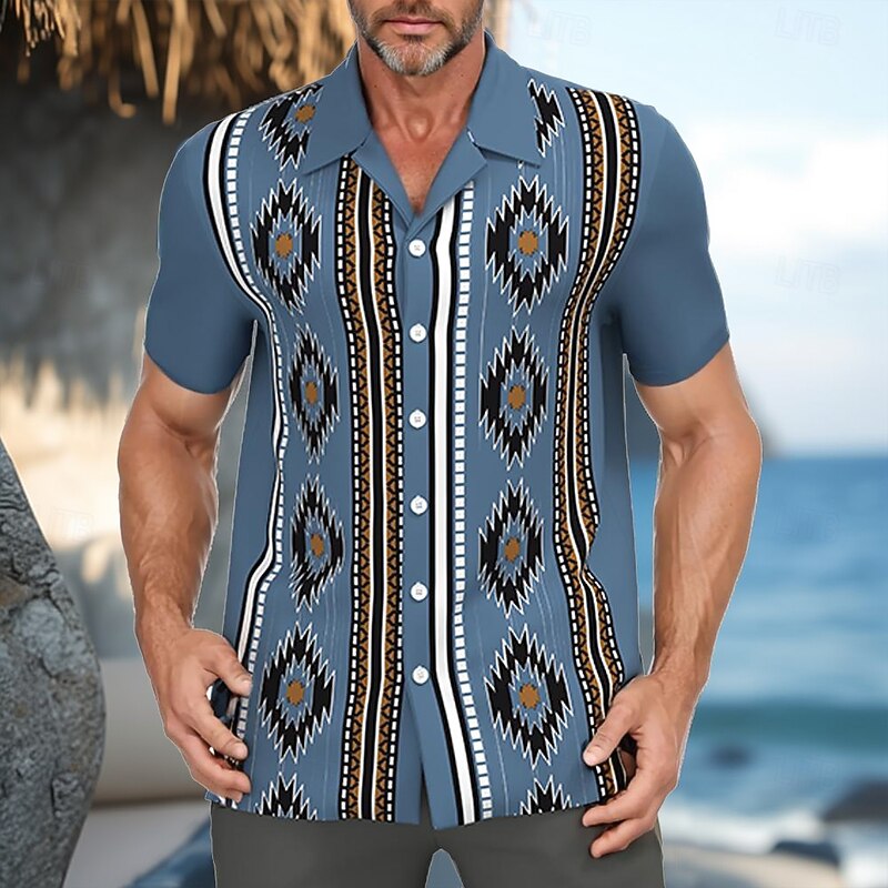 Men's Geometric Aztec Ethnic Shirt Cuban Collar Shirt Short Sleeve Vintage Retro Vacation Holiday Streetwear Summer Spring Camp Collar Shirt 3D Print Blue