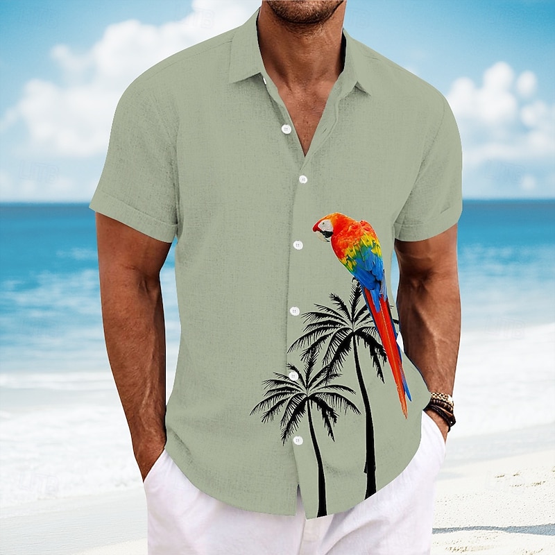 Men's Bird Coconut Tree Parrot Casual Shirt Summer Hawaiian Shirt Button Up Shirt Short Sleeve Hawaiian Resort Vacation Holiday Beach Wear Summer Spring Turndown 3D Print Collared Shirts White Blue3