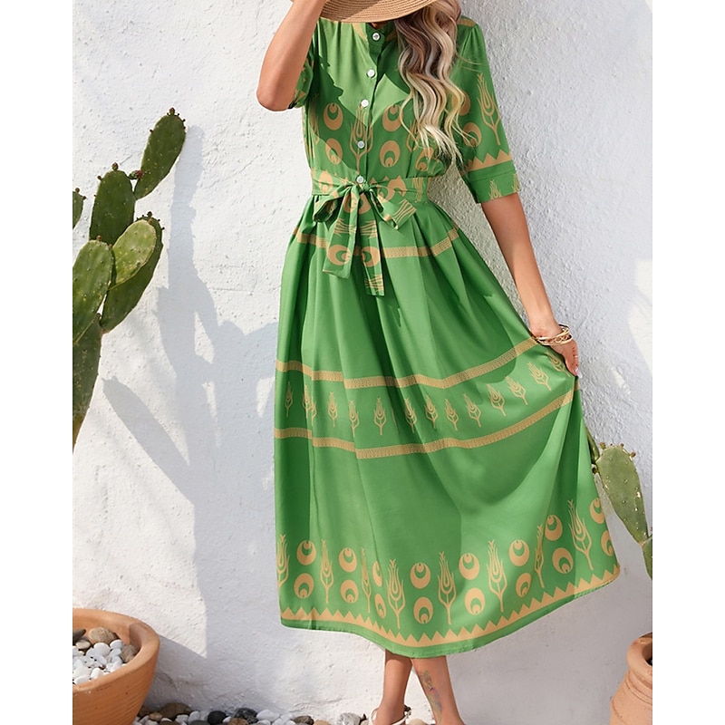 Women's Long Dress Maxi Dress Casual Dress Summer Dress Boho Dress Fashion Outdoor Holiday Date Regular Fit Painting 3/4 Length Sleeve Shirt Collar Black White Green Summer Spring
