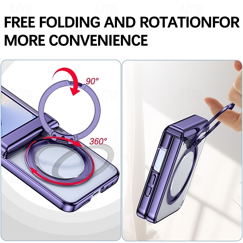 Phone Case For Samsung Galaxy Z Flip 7 Z Flip 6 Z Flip 5 Back Cover with Stand Holder Magnetic Support Wireless Charging Retro Plating PC3