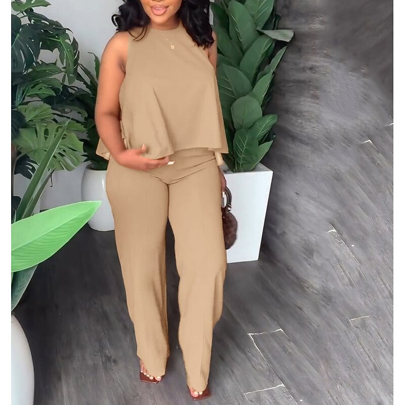 Women's Fashion Camis Pants Trousers Sleeveless Round Neck Solid Color Casual Black Blue Orange Spring & Summer Loose Fit3