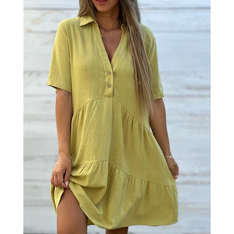Women's Mini Dress Linen-Inspired Dresses Shirt Dress Casual Dress Cotton Linen Dress Stylish Casual Vacation Daily Date Regular Fit Plain Short Sleeve Lapel Yellow Pink Red Summer4