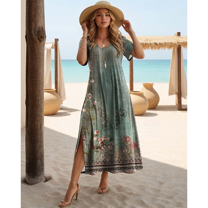 Women's Maxi Dress T Shirt Dress Tee Dress Sundress Shift Dress Bohemia Ethnic Vacation Birthday Holiday Regular Fit Vintage Short Sleeve Crew Neck Red Blue Green Dark Blue4