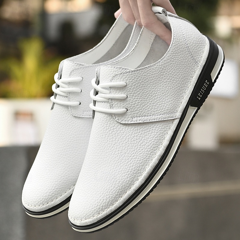 Men's White Faux Leather Casual Lace-Up Sneakers, Comfortable Slip-Resistant Shoes with Rubber Sole, Ideal for Everyday and Leisure Use2