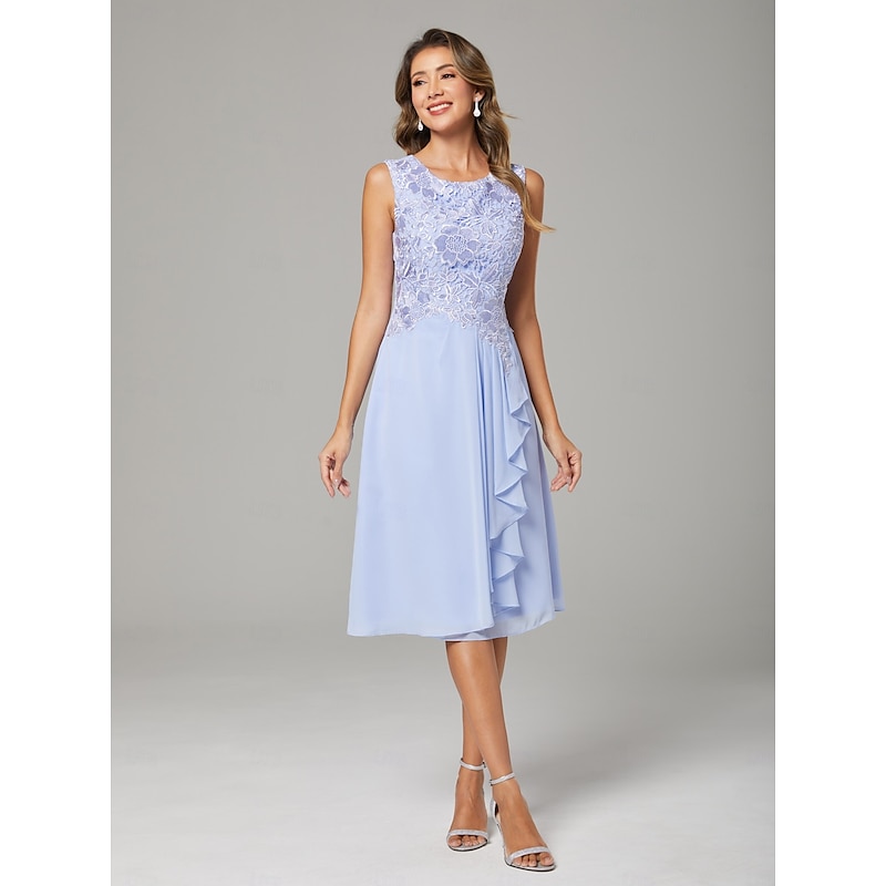 Two Piece A-Line Mother of the Bride Dress Wedding Guest Elegant Scoop Neck Knee Length Chiffon Lace Sleeveless Jacket Dresses with Pleats Appliques4