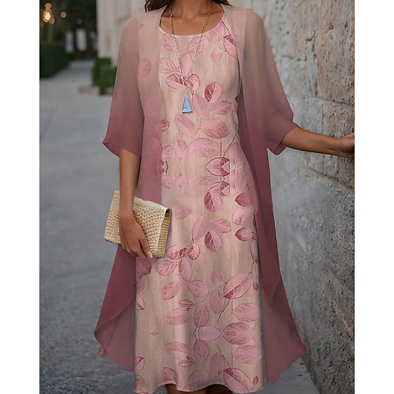 Women's Fashion Streetwear Skirt Sets 3/4 Length Sleeve Crew Neck Plant Lace Print Daily Wear Date Pink Purple Green Spring Regular Fit