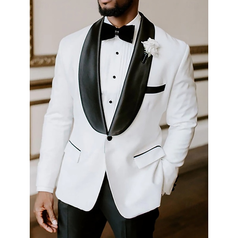 Men's Wedding Prom Party Suits Black+White Luxury Formal Solid Colored Standard Fit 2 Piece Single Breasted One-button2