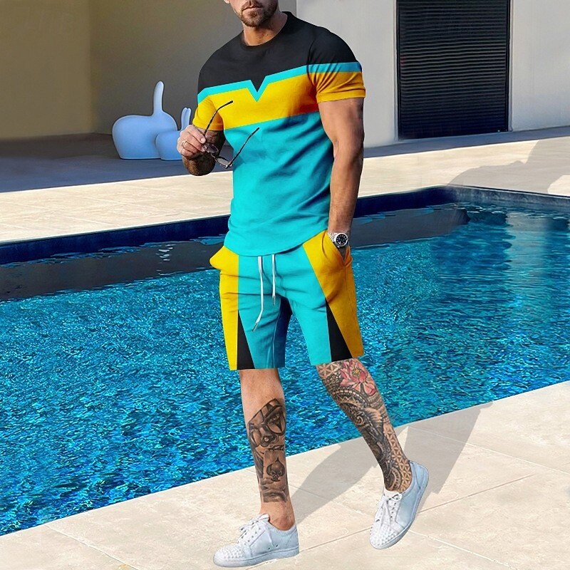Men's T-shirt Suits 2 Pieces Outfits Tee & Shorts Short Sleeve Crewneck Summer Color Block Fashion Casual 2 Piece Vacation Daily Wear Going out Black Blue Yellow Top Tee for Men2