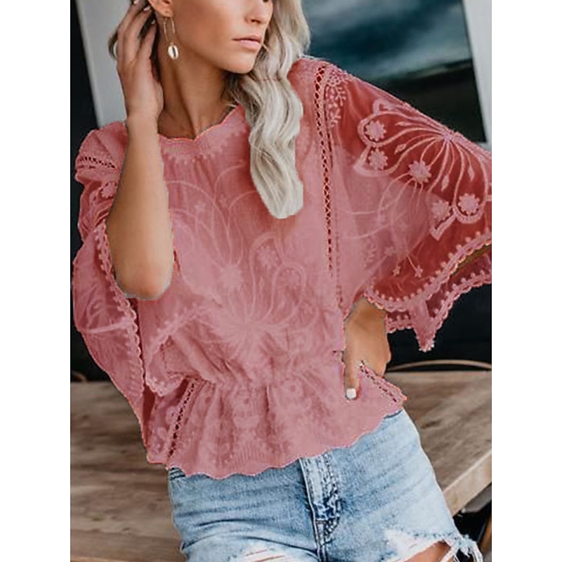 Women's Shirt Lace Shirt Lace Splicing Top Blouse Solid Color Elegant Stylish Casual Half Sleeve Flutter Sleeve Crew Neck Regular Tops Wedding Guest Daily Holiday Lace Lace Trim White Pink Blue Khaki4