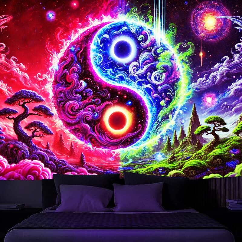 Blacklight Tapestry Glow in the Dark Glow Party UV Reactive Taichi Zen Trippy Misty Nature Landscape Hanging Tapestry Wall Art Mural for Living Room Bedroom