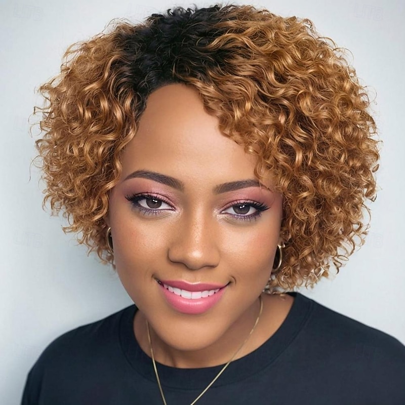 Fancy Hair Short Curly Human Hair Wigs Pixie Cut Kinky Curly Wig Honey Blonde With Dark Roots Side Part Deep Curly No Lace Front Brazilian Remy Human Hair Wig for Black Women Daily Use