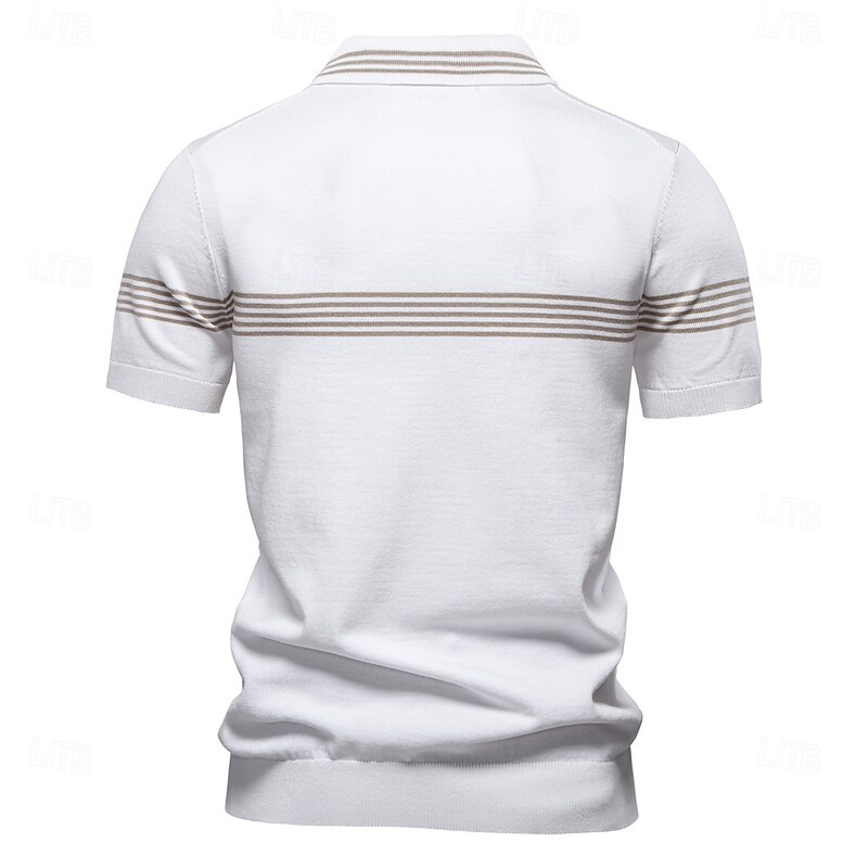 Men's Polo Knit Polo Sweater Formal Work Turndown Quarter Zip Short Sleeve Striped Zip Up Stripe-Trim Spring Black White Khaki Polo2