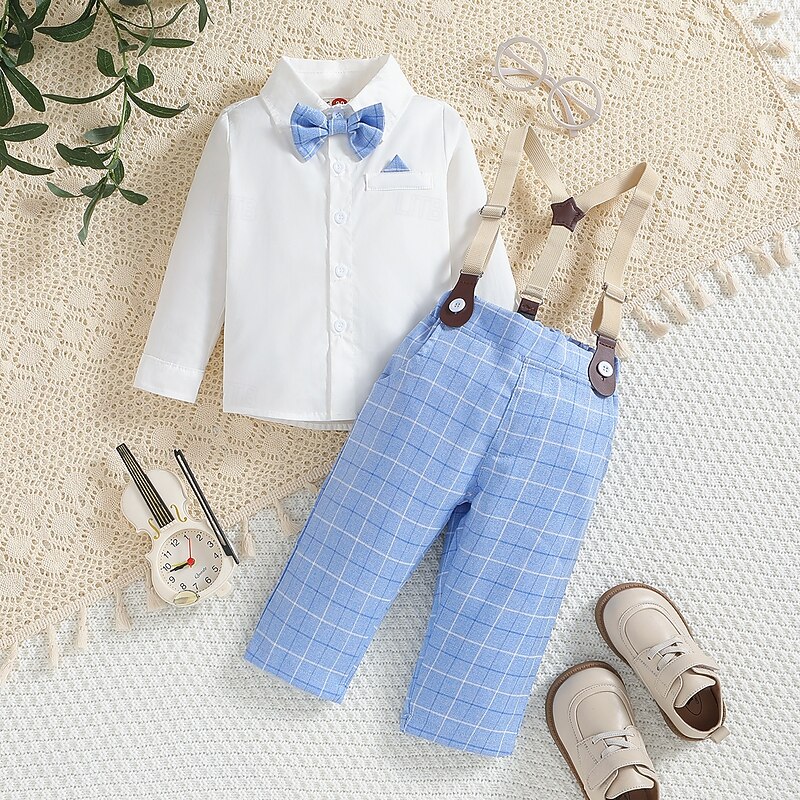 3 Pieces Ring Bearer Suit Boys Kids Toddler Shirt & Pants School Formal Anniversary Fashion Gentle Plaid V Neck White Cotton