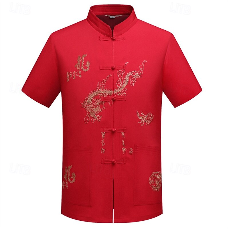 Men's Shirt Summer Shirt Casual Shirt Beach Shirt Button Up Shirt Light Yellow White Red Navy Blue Gray Short Sleeve Dragon Collar Vacation Hawaiian Embroidery Clothing Apparel Polyester Fashion2