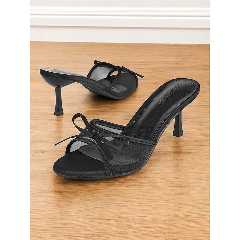 Black Mesh High Heels with Satin Bow Detail – Chic Open-Toe Party Shoes for Women, Perfect for Evening Events and Social Gatherings