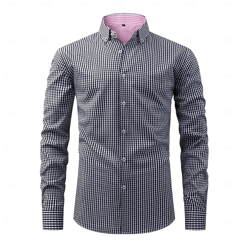 Men's Dress Shirt Button Down Shirt Wrinkle Resistant Plaid Shirt Plaid Wedding Work Black Pink Navy Blue Blue Long Sleeve Collar Summer Spring Clothing Apparel
