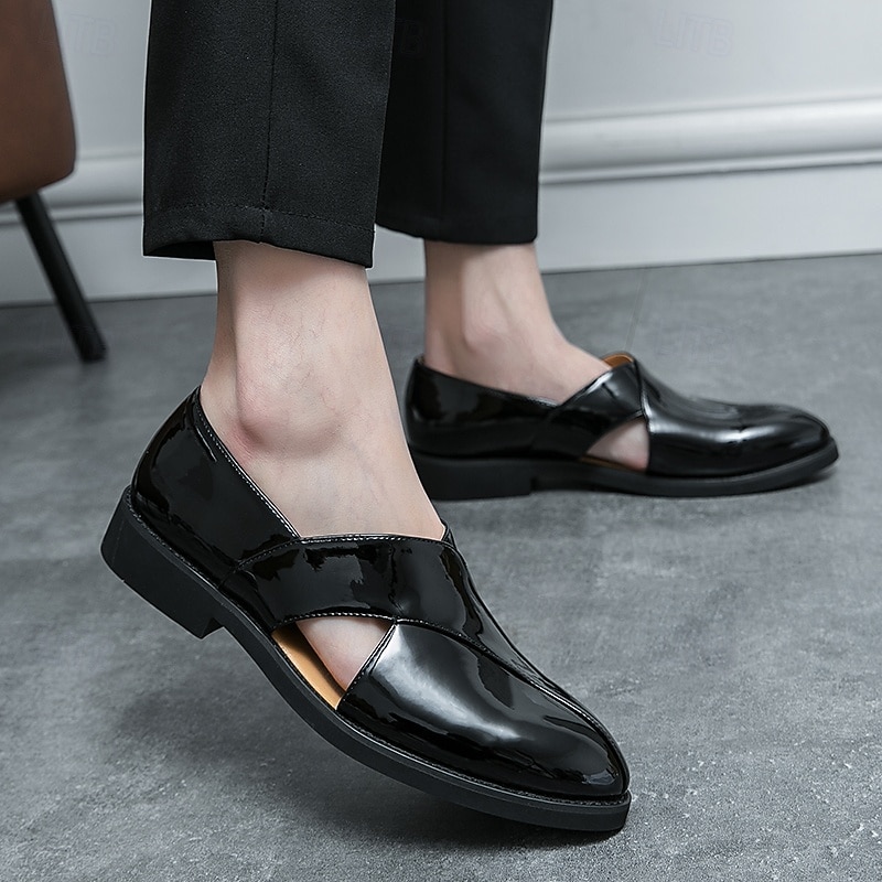 Men's Black Patent Leather Slip-On Loafers with Cross Strap Design – Comfortable and Stylish Casual Shoes for Office, Daily Wear and Formal Occasions3