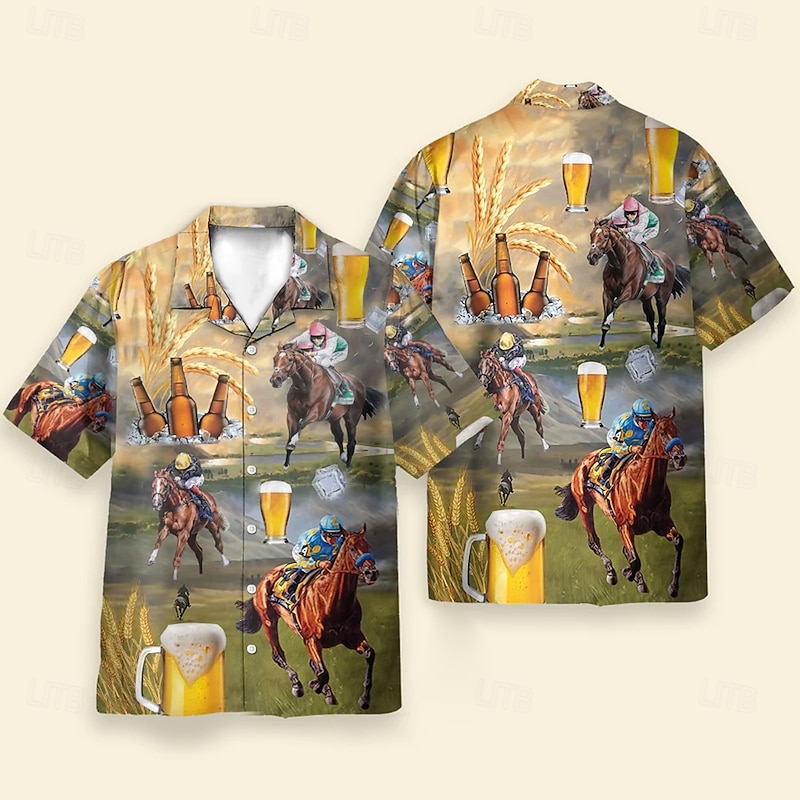 Kentucky Derby Men's Beer Horse Racing Shirt Cuban Collar Shirt Short Sleeve Vintage Retro Vacation Holiday Festival Summer Spring Camp Collar Shirt 3D Print Funny Kentucky Derby Shirts Yellow2